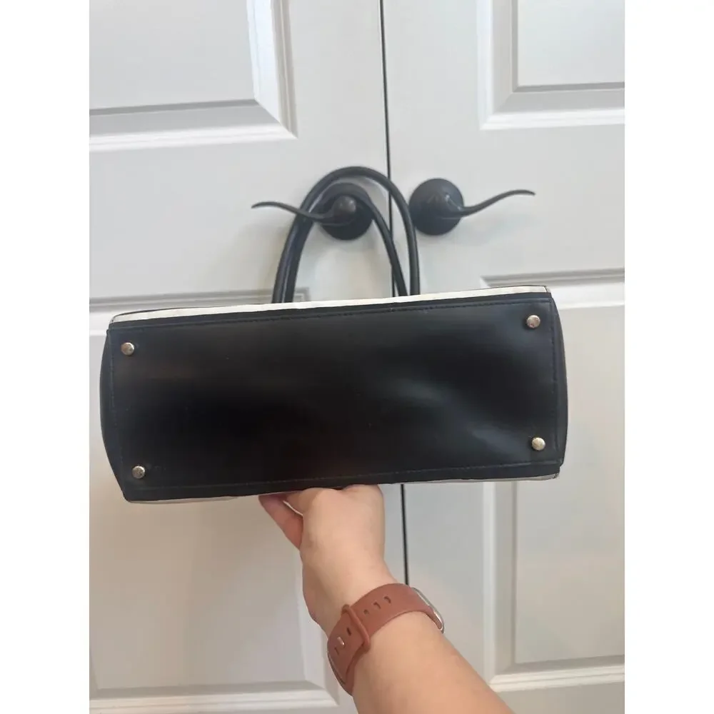 Kate Spade Black Leather with Black and White Striped Shoulder Tote Bag